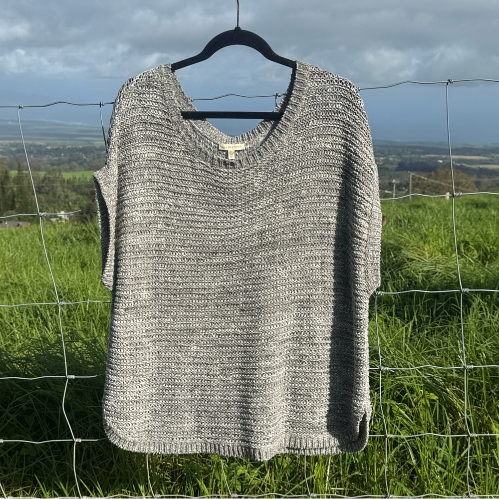 Eileen Fisher Gray Wonder Stitch Knit Dolman Sleeve Boxy Sweater coastal beach